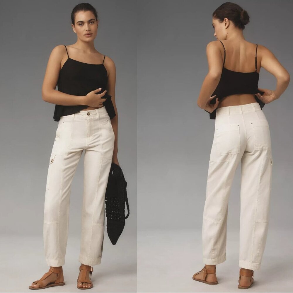 Anthropologie Cream High-Rise Straight-Leg Pants